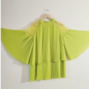 Masseys Pleated Neon Green Lace Should bell sleeves angel sleeve and tiered top